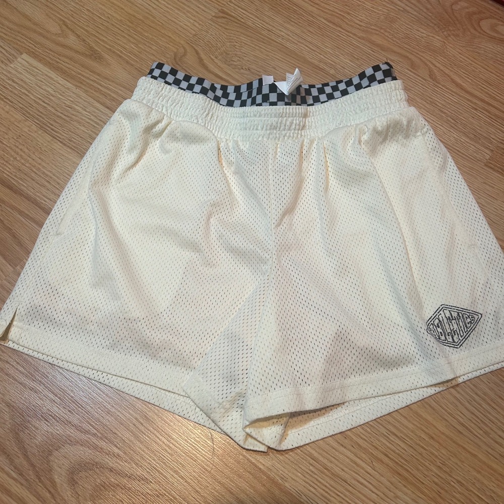 Fabletics Womens Mesh Athletic Shorts Cream Checkerboard Waistband XS